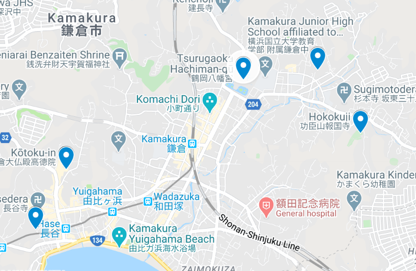 Map of suggested shrines and temples in Kamakura, Kotoku-in, Tsurugaoka Haciman-gu, Hokokuji, Egara Tenjisho, Gongora Jinja.