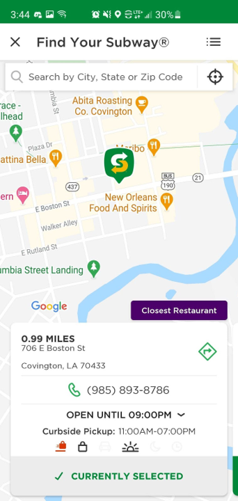 Location screen on Subway application