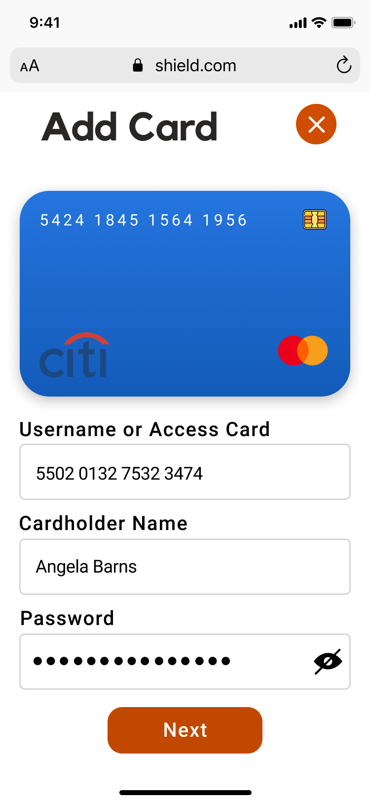 High fidelity wireframe of adding a credit card