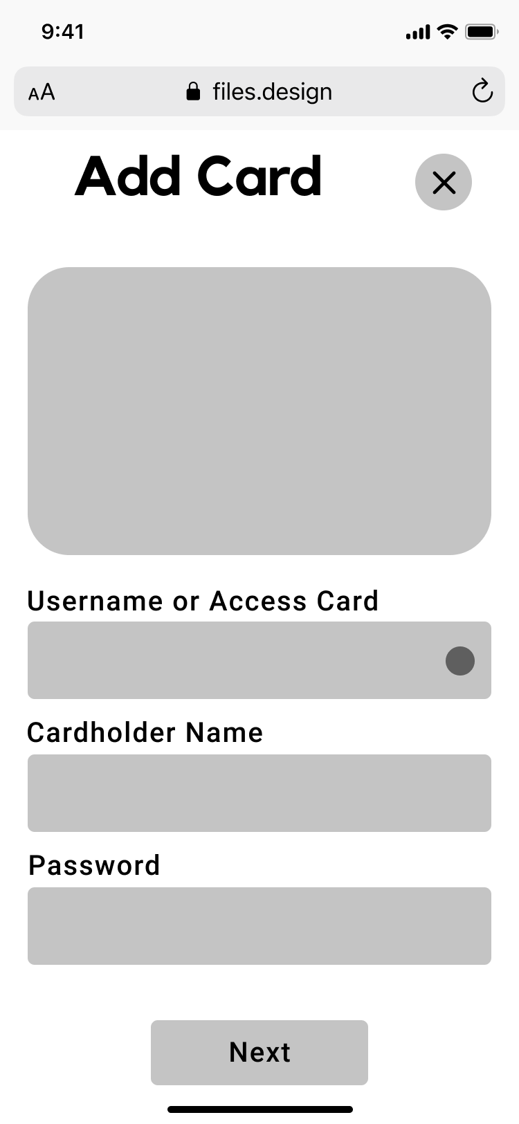 Greyscale wireframe of adding a credit card