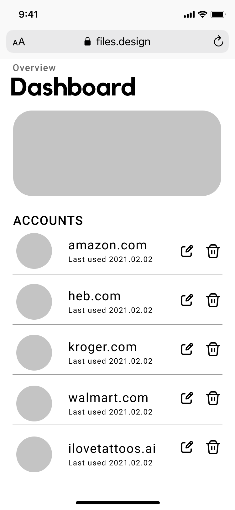 Greyscale wireframe for detailed accounts