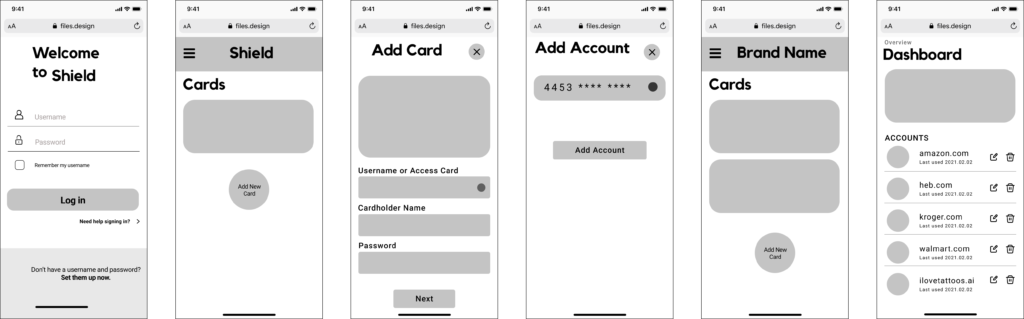 Greyscale wireframe for flow 1