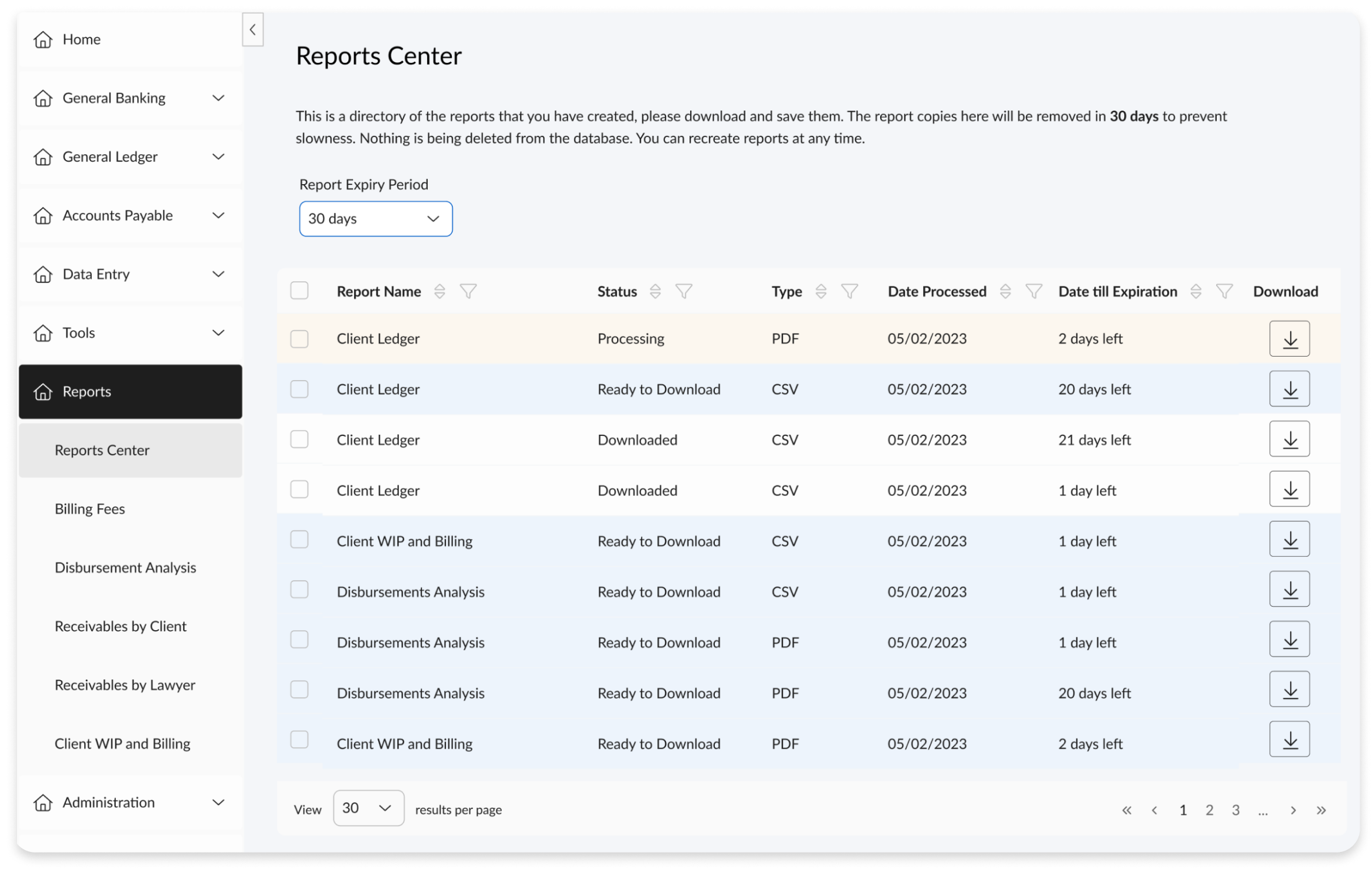 Image of the reports center mockup from PCLaw Time Matters